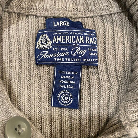 American Rag Men’s Ribbed Henley Sweater Beige Taupe 100% Cotton Size Large Pock - Picture 3 of 8